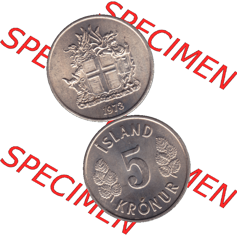 Alte Münze Island Umlaufmünze 1969-1980, 5 Kronur, Fünf Kronen 1973-01. Vorderseite und Rückseite der Münze, Umlaufmünze / Kursmünze Island... Sammlung