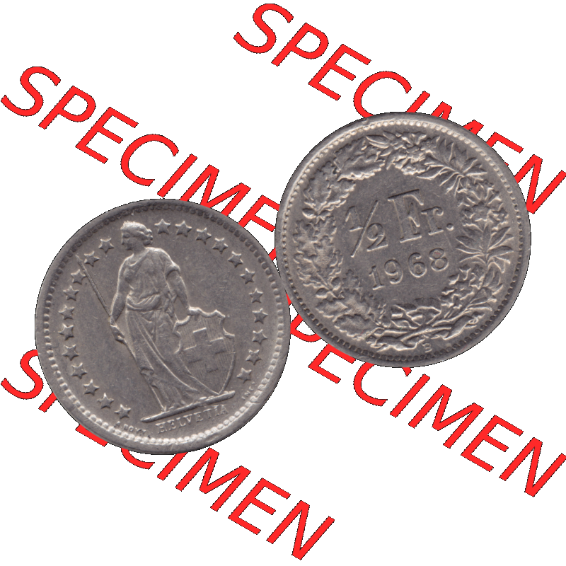 Alte Münze Schweiz in original Farbgebung vom Scanner transparenten PNG 1968-1982, 1/2 (halber) Franken B 1968-03. Vorderseite und Rückseite der Münze aus der... Sammlung