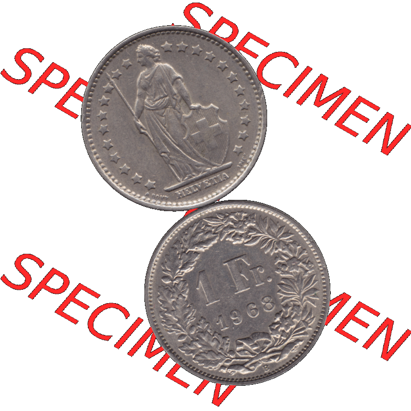 Alte Münze Schweiz in original Farbgebung vom Scanner transparenten PNG 1968-1982, 1 Franken B 1968-01. Vorderseite und Rückseite der Münze Umlaufmünze / Kursmünze... Sammlung