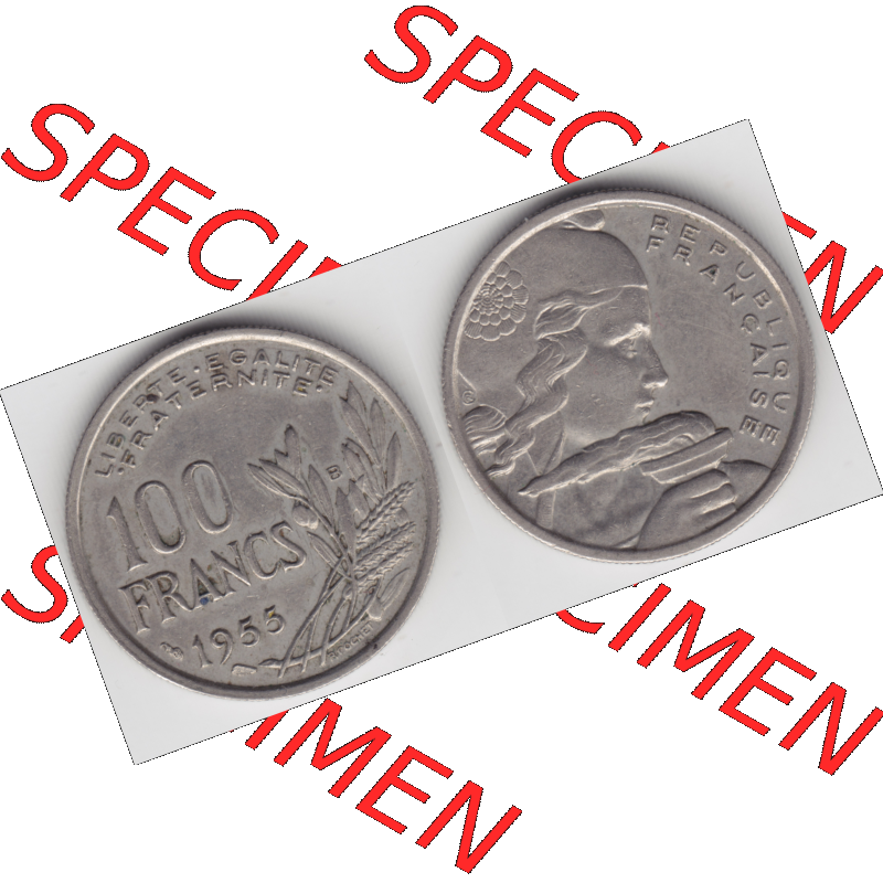 Münze Frankreich Umlaufmünzen Sammlung in PNG 1954-1958; 100 Francs, Franken Typ I. 1955 (3) - Digitales Münzen-Bildmaterial einer französischen Francs Münze... Sammlung