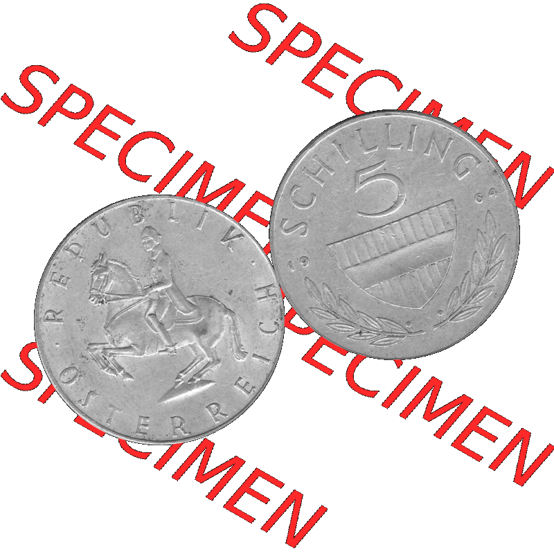 Alte Münze 5 / Fünf Schilling Österreich in s/w Schwarzweiß bzw. Graustufen Farbgebung von Scanner transparenten PNG 1960-1968, 5 Fünf Schilling 1964-01,... Sammlung