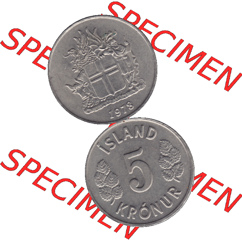 Alte Münze Island Umlaufmünze 1969-1980, 5 Kronur, Kronen 1978-01. Vorderseite und Rückseite der Münze, Umlaufmünze / Kursmünze Island vertikal... Sammlung