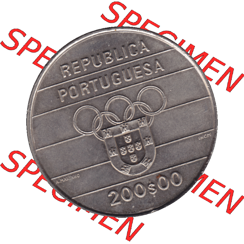 Alte Gedenkmünze aus Portugal als PNG-Grafik 1992, 200 Escudos, XXV Jogos Olimpicos. Vorderseite der 200 Escudo Gedenkmünze aus Portugal vor Einführung der Euromünzen... Sammlung