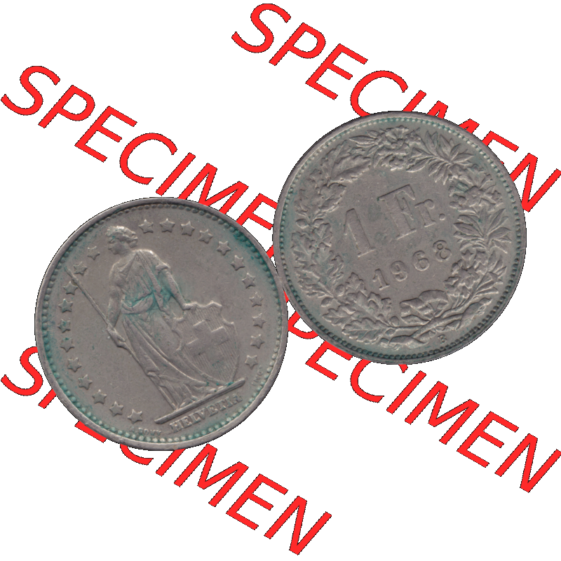 Alte Münze Schweiz in original Farbgebung vom Scanner transparenten PNG 1968-1982, 1 Franken B 1968-04. Vorderseite und Rückseite der Münze aus der Schweiz horizontal auf einen... Sammlung