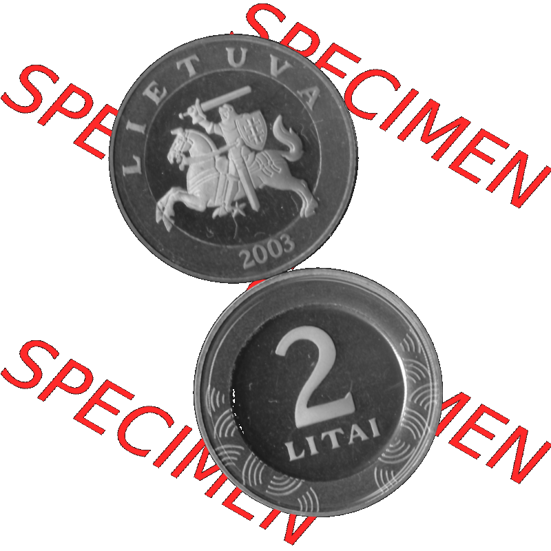 Alte Münze Litauen Kursmünzensatz 1998-2014, 2 Litai 2003-01 Graustufen. Vorderseite und Rückseite in Graustufen der litauischen KMS-Münze 2003, vertikal auf einen... Sammlung