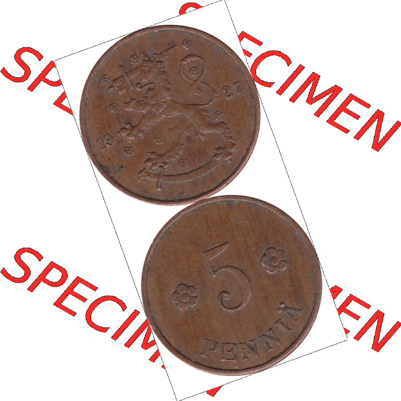 Münze Finnland / SUOMI Umlaufmünzen Sammlung in PNG 1918-1940, 5 Penny, Penniä 1927 (8) - Digital Münzen-Bildmaterial einer Münze aus Finnland in farbige... Sammlung