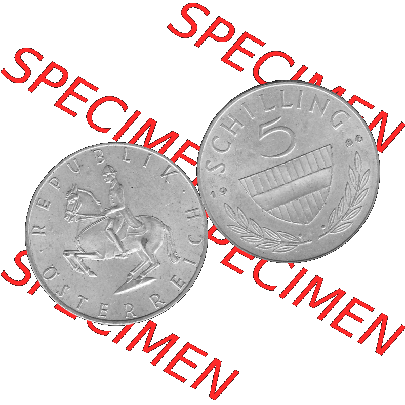 Alte Münze 5 / Fünf Schilling Österreich in s/w Schwarzweiß bzw. Graustufen Farbgebung von Scanner transparenten PNG 1960-1968, 5 Fünf Schilling 1966-01,... Sammlung