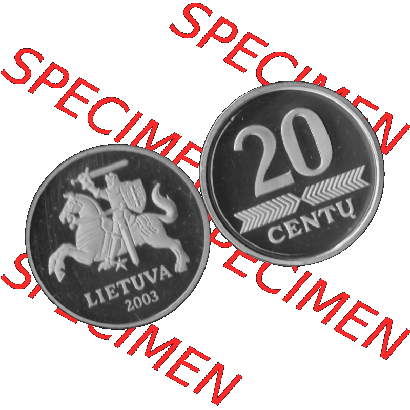 Alte Münze Litauen Kursmünzensatz 1997-2014, 20 Centu 2003-01 Graustufen. Vorderseite und Rückseite der Münze / Kursmünze aus Münzensatz / KMS 2003,... Sammlung