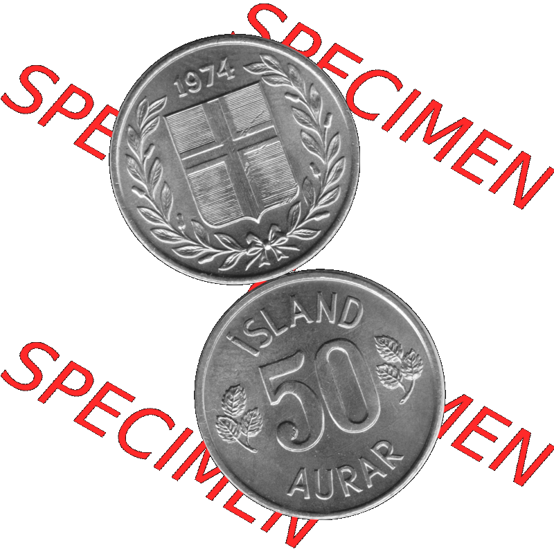 Alte Münze Island Umlaufmünze 1969-1974, 50 Aurar, Fünfzig Aura 1974-01 Graustufen. Vorderseite und Rückseite in Graustufen der Münze aus Island, vertikal... Sammlung