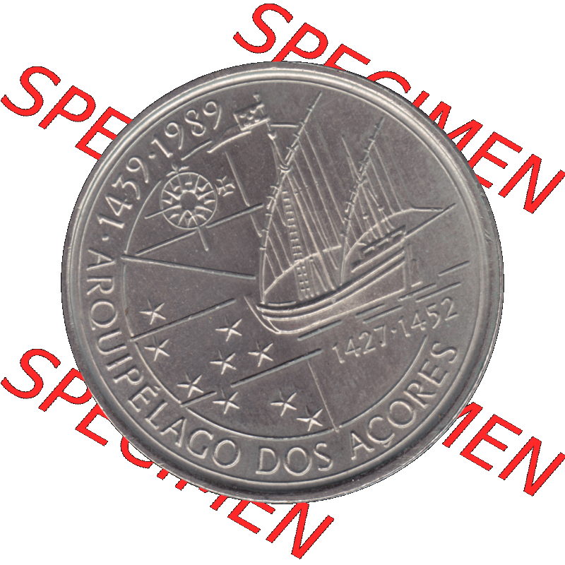 Alte Gedenkmünze aus Portugal als PNG-Grafik 1989, 100 Escudos, Arouipelago Dos Acores, 1439-1989. Rückseite der portugiesischen Gedenkmünze aus Portugal vor der... Sammlung