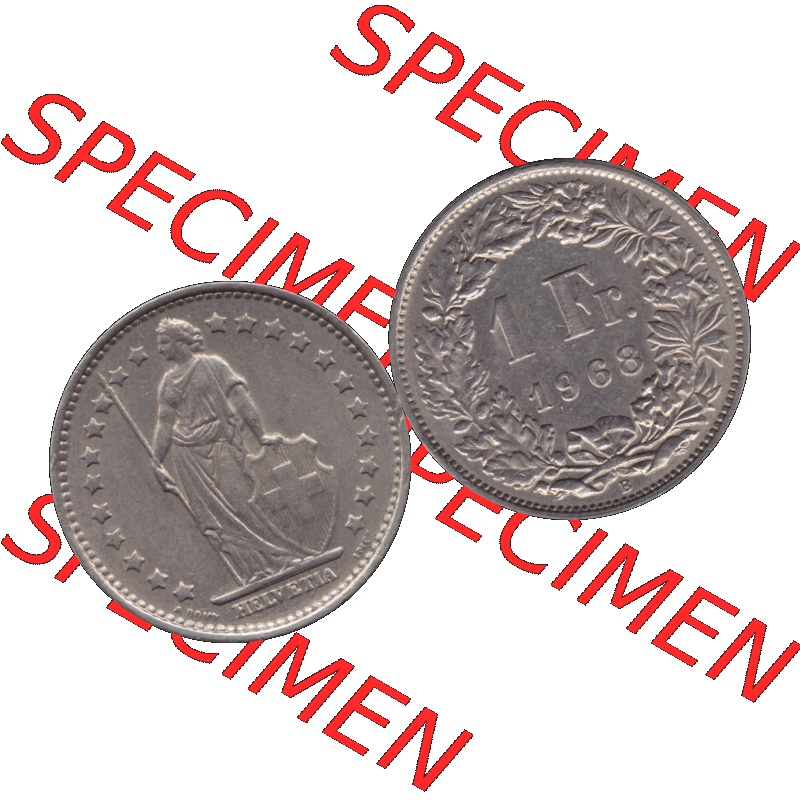 Alte Münze Schweiz in original Farbgebung vom Scanner transparenten PNG 1968-1982, 1 Franken B 1968-01. Vorderseite und Rückseite der Münze aus der Schweiz horizontal auf einen... Sammlung