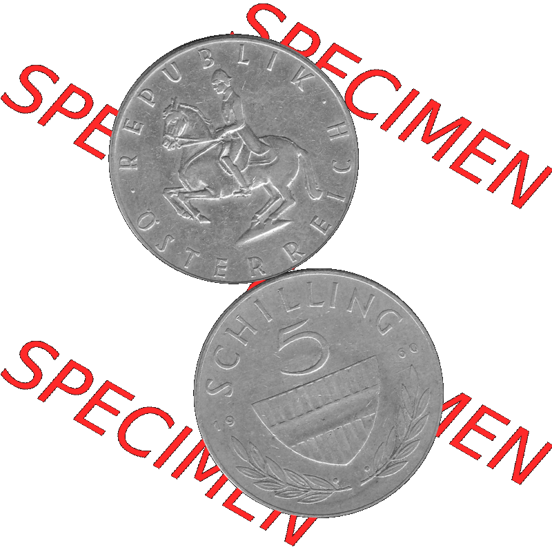 Alte Münze 5 / Fünf Schilling Österreich in s/w Schwarzweiß bzw. Graustufen Farbgebung von Scanner transparenten PNG 1960-1968, 5 Fünf Schilling 1960-02,... Sammlung