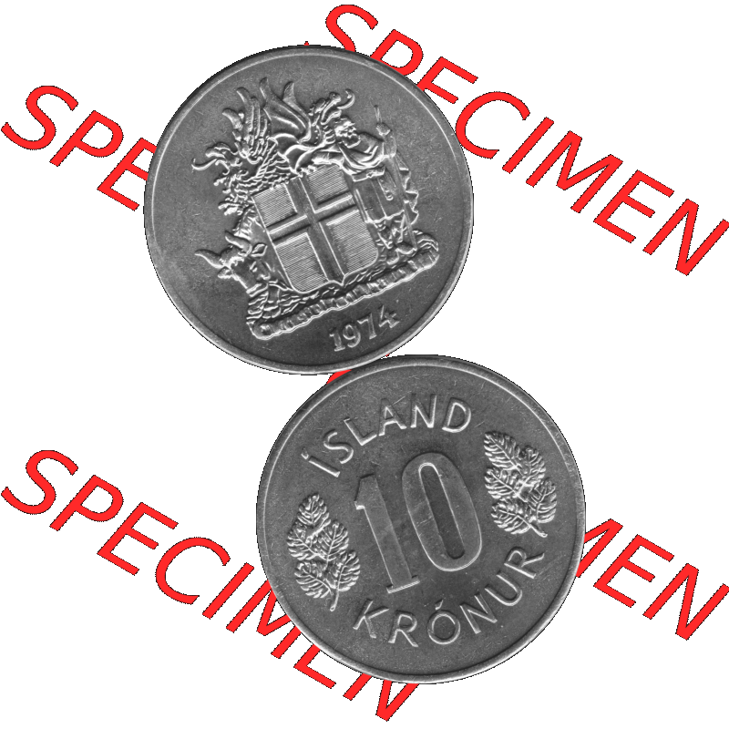Alte Münze Island Umlaufmünze 1967-1980, 10 Krönur, Zehn Kronen 1974-01 Graustufen. Vorderseite und Rückseite in Graustufen der Münze aus Island, vertikal... Sammlung