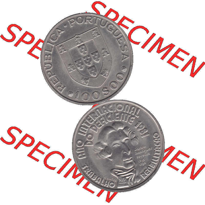 Alte Gedenkmünze aus Portugal als PNG-Grafik 1982, 100 Escudos, Ano Internacional, do Deficiente. Vorderseite und Rückseite vertikal - untereinander auf einen Bild/Foto... Sammlung