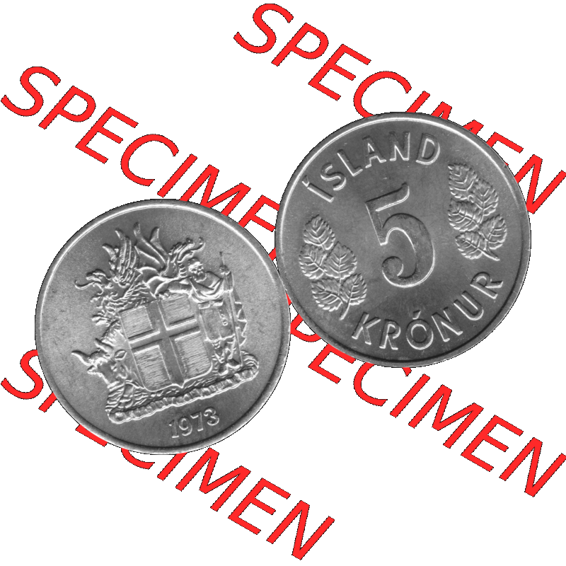 Alte Münze Island Umlaufmünze 1969-1980, 5 Kronur, Fünf Kronen 1973-01 Graustufen. Vorderseite und Rückseite der Münze / Kursmünze aus Island,... Sammlung