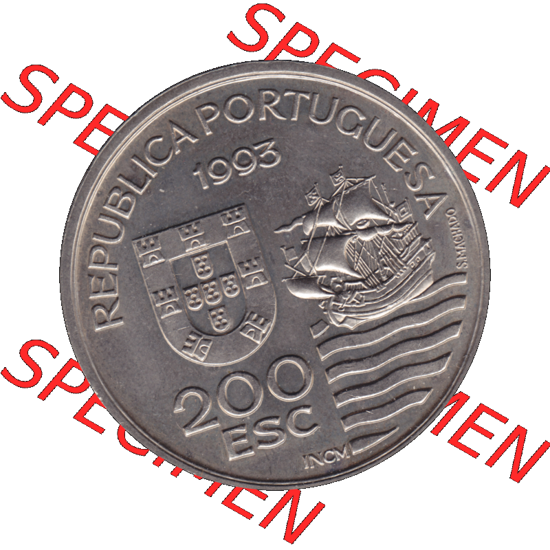 Alte Gedenkmünze aus Portugal als PNG-Grafik 1993, 200 Escudos, Enviados Daimios Kiushu. Vorderseite der 200 Escudo Gedenkmünze aus Portugal vor Einführung der Euromünzen... Sammlung