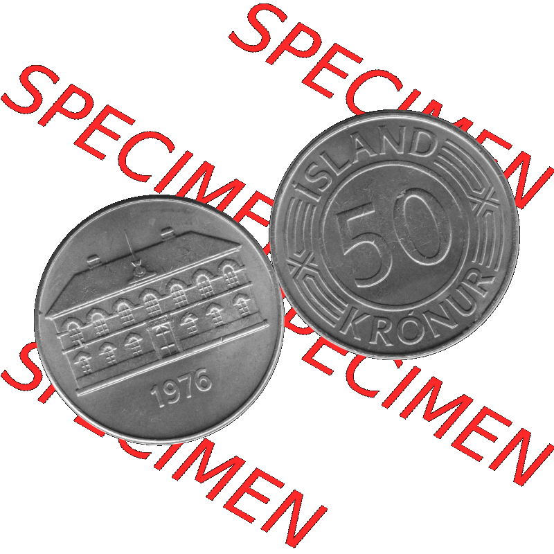 Alte Münze Island Umlaufmünze 1970-1980, 50 Krönur, Fünfzig Kronen 1976-01 Graustufen. Vorderseite und Rückseite der Münze / Kursmünze aus Island,... Sammlung