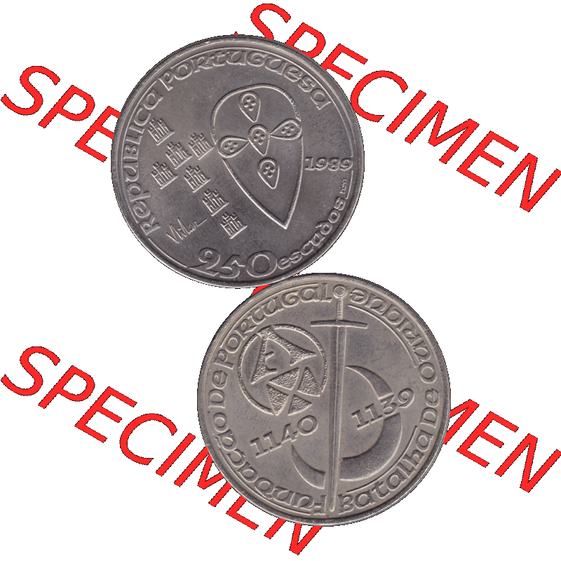 Alte Gedenkmünze aus Portugal als PNG-Grafik 1989, 250 Escudos, Batalha de Ourique, Schlacht von Ourique. Vorderseite und Rückseite vertikal - untereinander auf einen... Sammlung