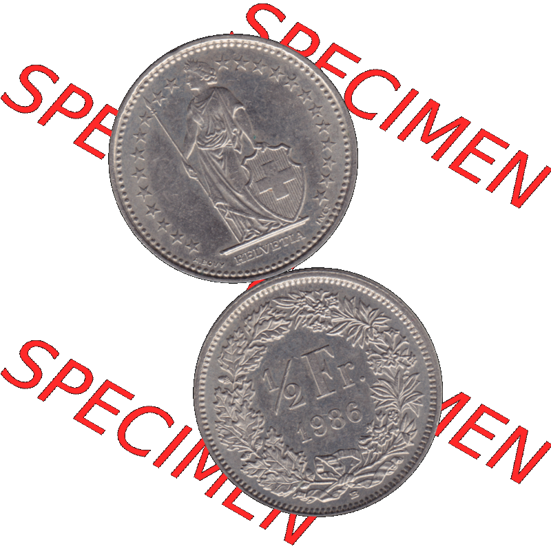 Alte Münze Schweiz in original Farbgebung vom Scanner transparenten PNG 1983-Heute, 1/2 (halber) Franken B 1986-01. Vorderseite und Rückseite der Münze Umlaufmünze... Sammlung