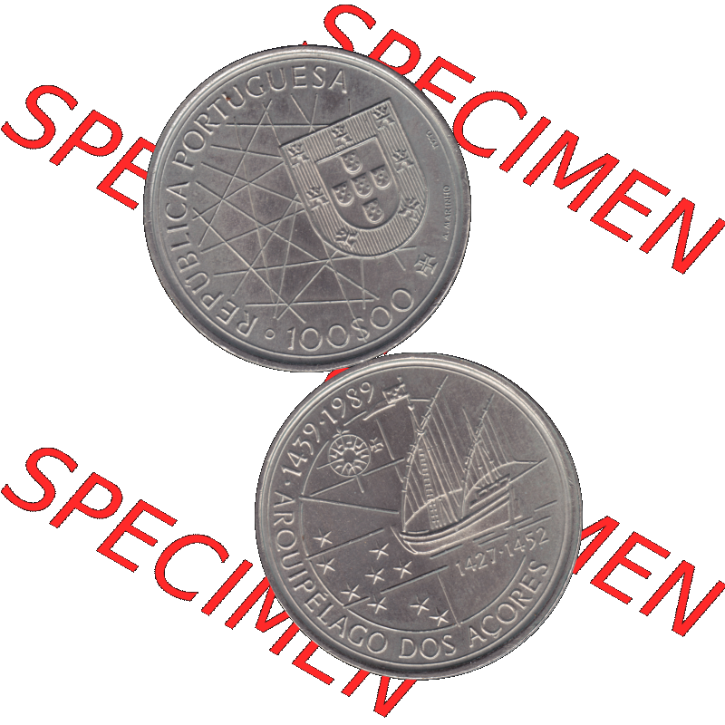 Alte Gedenkmünze aus Portugal als PNG-Grafik 1989, 100 Escudos, Arouipelago Dos Acores, 1439-1989. Vorderseite und Rückseite vertikal - untereinander auf einen Bild/Foto... Sammlung