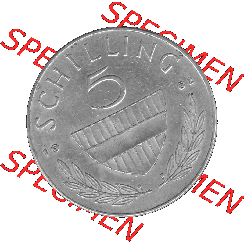 Alte Münze 5 / Fünf Schilling Österreich in s/w Schwarzweiß bzw. Graustufen Farbgebung von Scanner transparenten PNG 1960-1968, 5 Fünf Schilling 1962-01,... Sammlung
