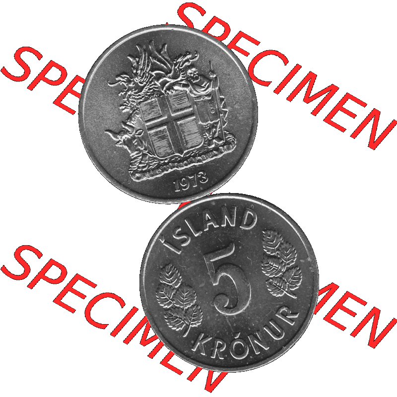Alte Münze Island Umlaufmünze 1969-1980, 5 Kronur 1973-01, 5 Isländische Kronen Graustufen. Vorderseite und Rückseite in Graustufen der Münze aus Island,... Sammlung
