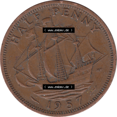 Münzen Großbritannien Umlaufmünzen Sammlung in PNG 1954-1970, Half Penny, Halber Pence 1957-02, Elisabeth II. (6) - Digitales Münzen-Bildmaterial... Sammlung