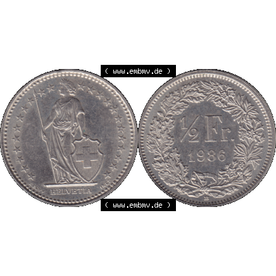 Alte Münze Schweiz in original Farbgebung vom Scanner transparenten PNG 1983-Heute, 1/2 (halber) Franken B 1986-01. Vorderseite und Rückseite der Münze aus der... Sammlung