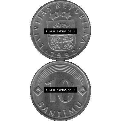 Alte Münze Lettland Umlaufmünze 1992-2008, 10 Santimu 1992-01, VS Staatswappen, RS. Wert-Zahl Graustufen. Vorderseite und Rückseite in Graustufen der Münze... Sammlung
