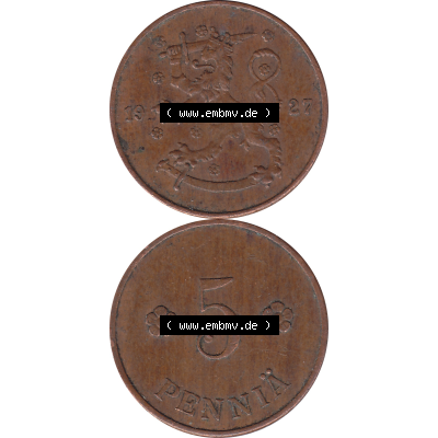 Münze Finnland / SUOMI Umlaufmünzen Sammlung in PNG 1918-1940, 5 Penny, Penniä 1927 (8) - Digital Münzen-Bildmaterial einer Münze aus Finnland in farbige... Sammlung