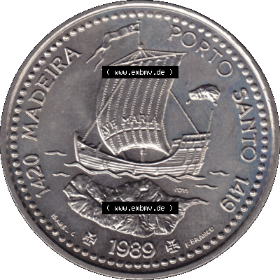 Alte Gedenkmünze aus Portugal als PNG-Grafik 1989, 100 Escudos, 1420 Madeira Porto Santo 1419. Rückseite der portugiesischen Gedenkmünze aus Portugal vor der Euro-Einführung... Sammlung