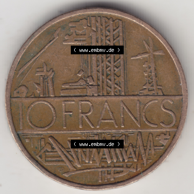Münze Frankreich Umlaufmünzen Sammlung in PNG 1974-1987, 10 Franken-Francs 1976 (1) - Digitales Münzen-Bildmaterial einer französischen Francs Münze aus Frankreich... Sammlung