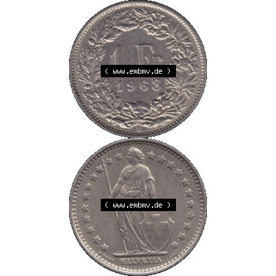 Alte Münze Schweiz in original Farbgebung vom Scanner transparenten PNG 1968-1982, 1 Franken B 1968-01 (16). Digitales Münzen-Bildmaterial der 1/Ein Franken Münze... Sammlung