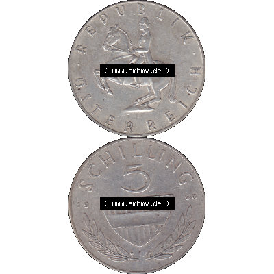 Alte Münze 5 / Fünf Schilling Österreich in original Farbgebung von Scanner transparenten PNG 1960-1968, 5 Fünf Schilling 1960-01, 5,20 Gramm 640er Silber,... Sammlung