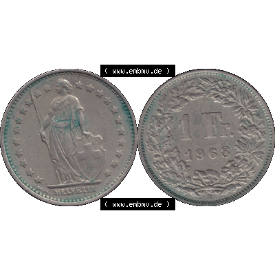 Alte Münze Schweiz in original Farbgebung vom Scanner transparenten PNG 1968-1982, 1 Franken B 1968-04. Vorderseite und Rückseite der Münze aus der Schweiz horizontal auf einen... Sammlung