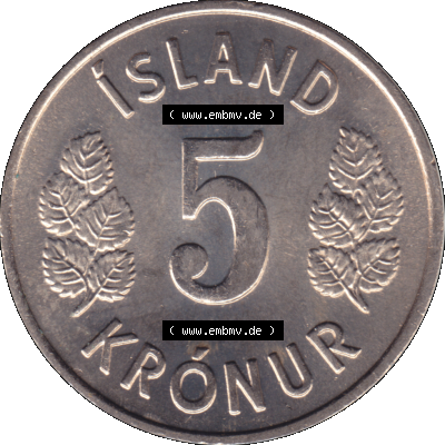 Alte Münze Island Umlaufmünze 1969-1980, 5 Kronur, Fünf Kronen 1973-01. Rückseite der alten Münze, Umlaufmünze aus Island, Münze zum katalogisieren... Sammlung