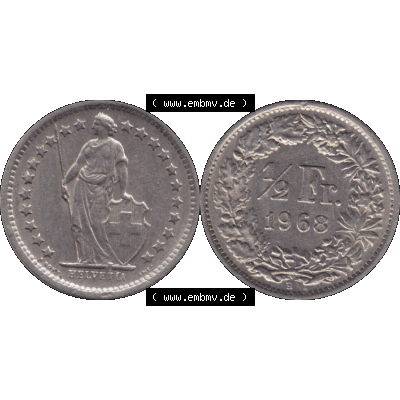 Alte Münze Schweiz in original Farbgebung vom Scanner transparenten PNG 1968-1982, 1/2 (halber) Franken B 1968-03. Vorderseite und Rückseite der Münze aus der... Sammlung