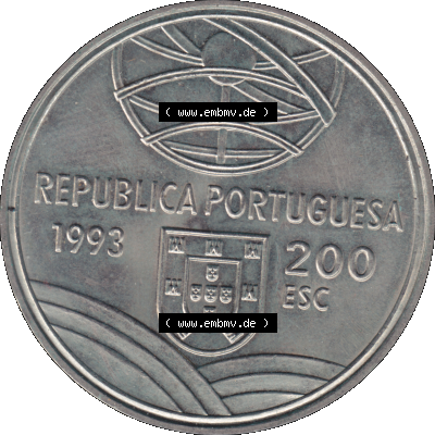 Alte Gedenkmünze aus Portugal als PNG-Grafik 1993, 200 Escudos, Espingarda 1543-1575. Vorderseite der 200 Escudo Gedenkmünze aus Portugal vor Einführung der Euromünzen... Sammlung