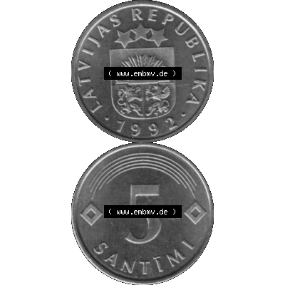 Alte Münze Lettland Umlaufmünze 1992-2009, 5 Santimi 1992-01, VS Staatswappen, RS. Wert-Zahl Graustufen. Vorderseite und Rückseite in Graustufen der Münze... Sammlung