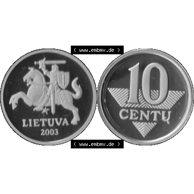 Alte Münze Litauen Kursmünzensatz 1997-2014, 10 Centu 2003-01 Graustufen. Vorderseite und Rückseite der Münze / Kursmünze aus Münzensatz / KMS 2003,... Sammlung