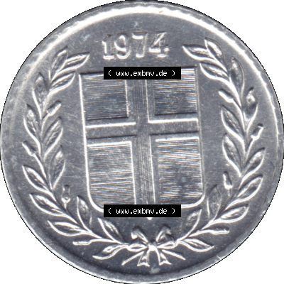 Alte Münze Island Umlaufmünze 1970-1974, 10 Aurar, Zehn Aura 1974-01. Vorderseite der isländischen Münze. Umlaufmünze aus Island, zum katalogisieren... Sammlung