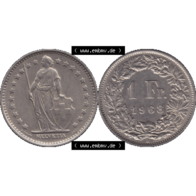 Alte Münze Schweiz in original Farbgebung vom Scanner transparenten PNG 1968-1982, 1 Franken B 1968-01. Vorderseite und Rückseite der Münze aus der Schweiz horizontal auf einen... Sammlung