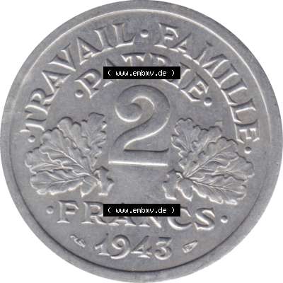 Münze Frankreich Umlaufmünzen Sammlung in PNG 1943-1944, 2 Francs, Franken 1943-01 (5) - Digitales Münzen-Bildmaterial einer französischen Francs Münze aus... Sammlung