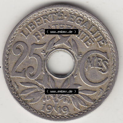 Münze Frankreich Umlaufmünzen Sammlung in PNG 1917-1937, 25 Cmes, Centimes 1919-1 LIBERTE EGALITE FRATERNITE (2) - Digitales Münzen-Bildmaterial einer französischen... Sammlung