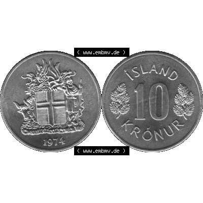 Alte Münze Island Umlaufmünze 1967-1980, 10 Krönur, Zehn Kronen 1974-01 Graustufen. Vorderseite und Rückseite der Münze / Kursmünze aus Island,... Sammlung