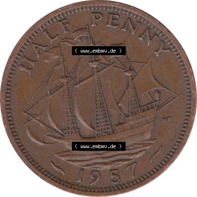 Münzen Großbritannien Umlaufmünzen Sammlung in PNG 1954-1970, Half Penny, Halber Pence 1957-01, Elisabeth II. (6) - Digitales Münzen-Bildmaterial... Sammlung