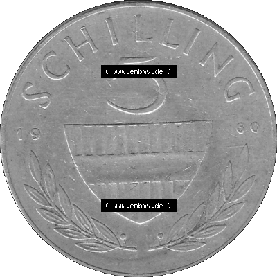Alte Münze 5 / Fünf Schilling Österreich in s/w Schwarzweiß bzw. Graustufen Farbgebung von Scanner transparenten PNG 1960-1968, 5 Fünf Schilling 1960-02,... Sammlung