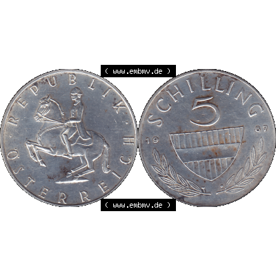 Alte Münze 5 / Fünf Schilling Österreich in original Farbgebung von Scanner transparenten PNG 1960-1968, 5 Fünf Schilling 1967-01, 5,20 Gramm 640er Silber,... Sammlung