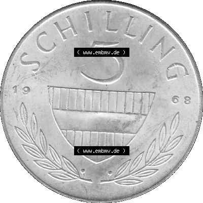 Alte Münze 5 / Fünf Schilling Österreich in s/w Schwarzweiß bzw. Graustufen Farbgebung von Scanner transparenten PNG 1960-1968, 5 Fünf Schilling 1968-01,... Sammlung