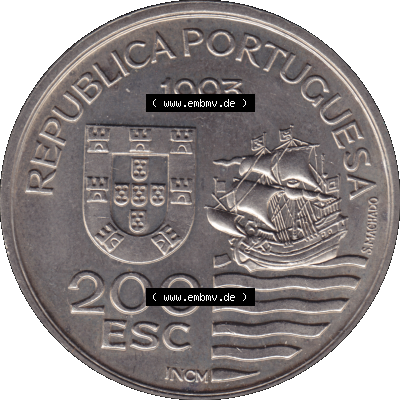 Alte Gedenkmünze aus Portugal als PNG-Grafik 1993, 200 Escudos, Enviados Daimios Kiushu. Vorderseite der 200 Escudo Gedenkmünze aus Portugal vor Einführung der Euromünzen... Sammlung